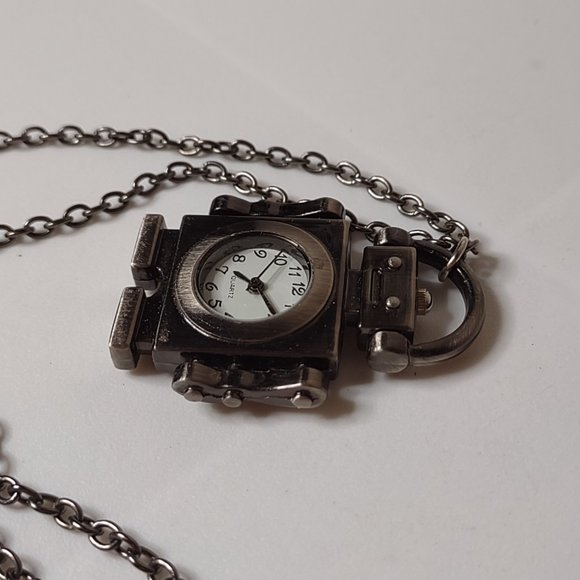 Very Cool Dark Silver Tone Robot Watch Pendant Necklace 21 Inches Long - Picture 4 of 11